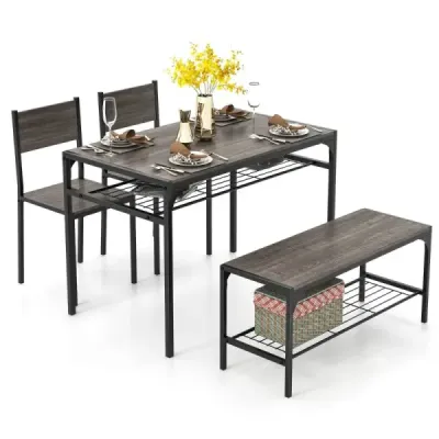 4 piese dining grup set masa bucatarie cu 2 scaune & 1 banca & raft industrie grup de locuri gri