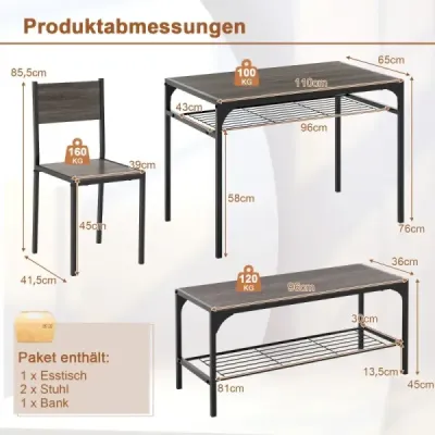 4 piese dining grup set masa bucatarie cu 2 scaune & 1 banca & raft industrie grup de locuri gri