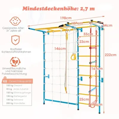 Gimnastica 7 la 1 copii alpinism perete cu net 197,5 x 83,5 x 223 cm