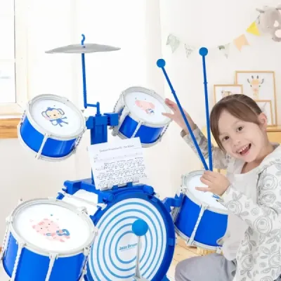 Copii Drum Set cu Stool & Music Stand & Foot Pedalează Drumul Albastru