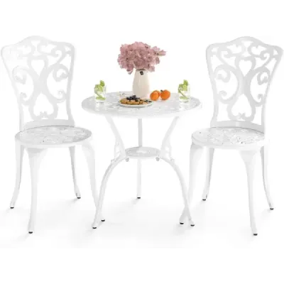 3-TLG. Tablă Bistro din aluminiu cu 2 scaune Set balcon rezistent la vreme Alb