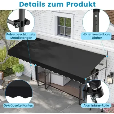 Panglică de balcon de 400 cm fără foraj cu înălțime manivelă de mână reglabilă și prindere negru