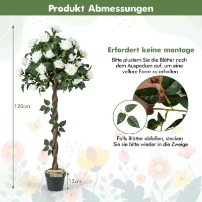 120 cm trandafir cu trandafiri albi copac artificial cu flori flori artificiale copac