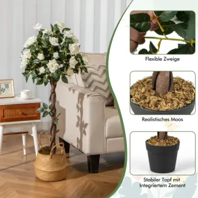 120 cm trandafir cu trandafiri albi copac artificial cu flori flori artificiale copac