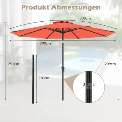 Ø303 cm Umbrela de terasă cu manivelă Side cu 25° Umbrela de grădină Knickable Portocaliu