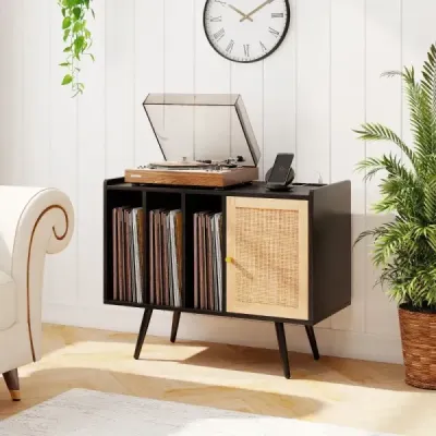 Rattan turntable stand cu masa de incarcare disc de vinil statie pentru 220 discuri negru