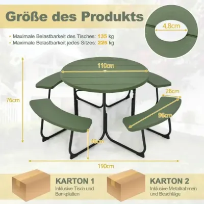 Set scaun pentru 8 persoane Masa picnic cu gaura ecran & 4 banci Masa rezistenta la vreme Verde