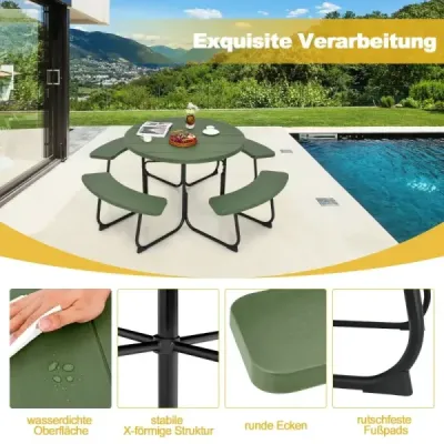 Set scaun pentru 8 persoane Masa picnic cu gaura ecran & 4 banci Masa rezistenta la vreme Verde