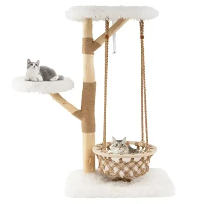 123cm Copac de pisică cu coș de agățat și alpinism turn & ramuri de lemn real Scratch Cat Activity Tree