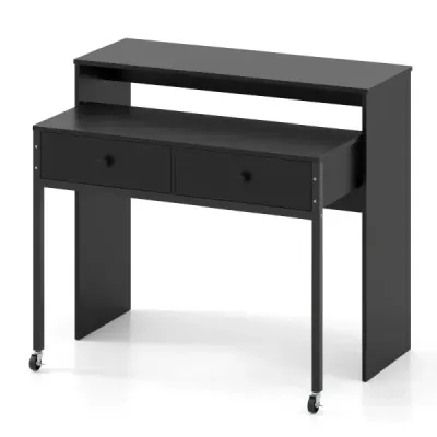 Birou extensibil masă mică calculator cu 2 sertare & role 100 x 63 x 88 cm Negru