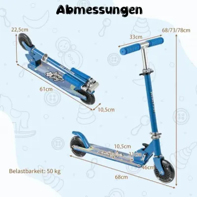 Role copii pliabil pentru copii Scooter cu LED Rod suport de direcție Scooter Albastru