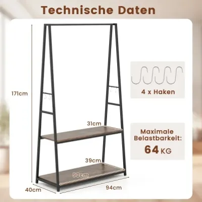haine stand garderoba freestanding cu 2 rafturi și grajd bar de haine Brown