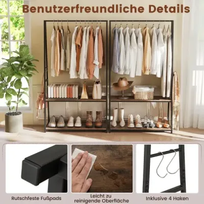 haine stand garderoba freestanding cu 2 rafturi și grajd bar de haine Brown