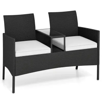 Banc de gradina cu masa 2 locuri Grupul de scaune din Polirattan Mobila in aer liber Mobilier din terasa Alb