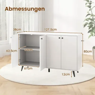 Sideboard Dreser din lemn cu 4 usi si rafturi reglabile cu 5 viteze 127,5 x 38 x 80 cm Alb