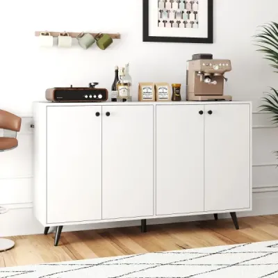 Sideboard Dreser din lemn cu 4 usi si rafturi reglabile cu 5 viteze 127,5 x 38 x 80 cm Alb