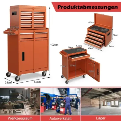 2 în 1 cărucior atelier cu valiză & 8 compartimente & cârlige & raft reglabil 100 kg