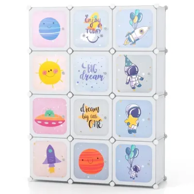 dulap pentru copii cu 2 secțiuni agățat & 12 cuburi Drăguț compartiment de desene animate Alb