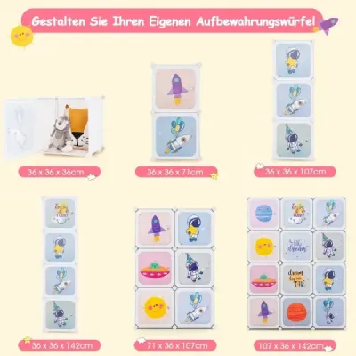 dulap pentru copii cu 2 secțiuni agățat & 12 cuburi Drăguț compartiment de desene animate Alb