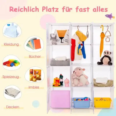 dulap pentru copii cu 2 secțiuni agățat & 12 cuburi Drăguț compartiment de desene animate Alb