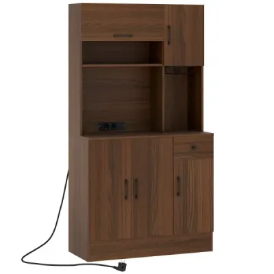 Dulap din lemn de bucătărie Bufet cu puncte de desfacere & porturi USB & Tip C dulap mare maro 90 x 39 x 167 cm