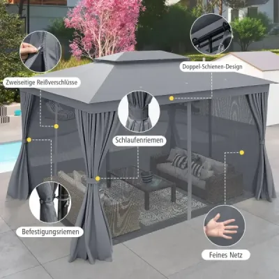 4 x 3 m Pavilion grădină pavilion cu net & perdea & dublu acoperiș cort impermeabil protecție solară pentru terasă