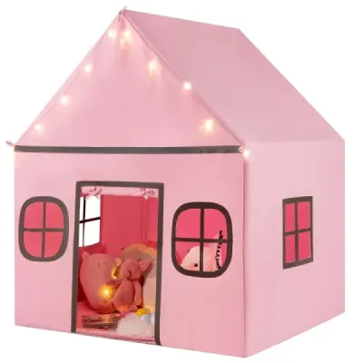 cort pentru copii interior pentru copii, cu lumini stele și mată căptușită roz + negru