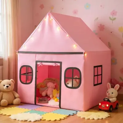 cort pentru copii interior pentru copii, cu lumini stele și mată căptușită roz + negru