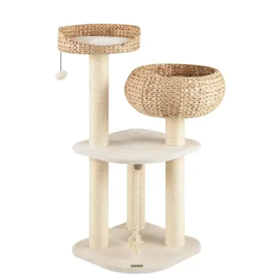 104 cm Copac de pisică de lemn cu scaun & coș și boluri Sisal Cratch copac bej