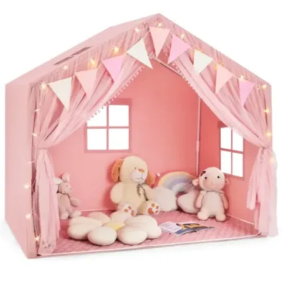 Joacă cort cu 2 perdele & starlights & Karierte Wimpel Casa mare de joacă Rosa