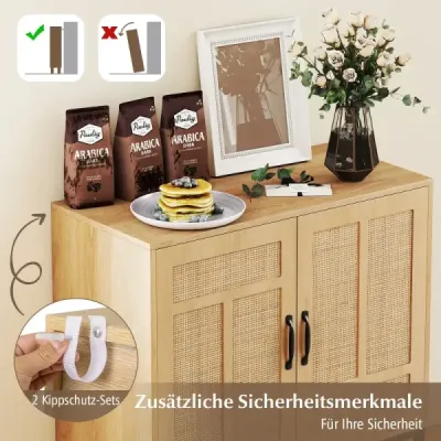 Tablou lateral Rattan cu raft reglabil de 3 ori & 2 usi Boho bufet accent dulap natura