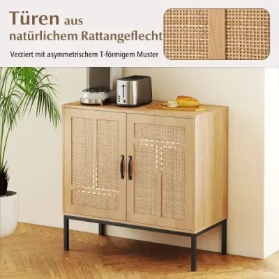 Tablou lateral Rattan cu raft reglabil de 3 ori & 2 usi Boho bufet accent dulap natura
