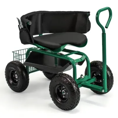 Sezut mobil pentru gradinarit masini de gradinarit Masini de scule Steerable cu tableta de depozitare coş verde