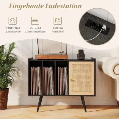 Rattan turntable stand cu masa de incarcare disc de vinil statie pentru 220 discuri negru