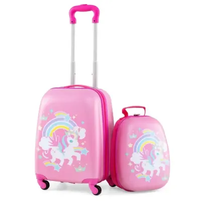Set de bagaje de mână din 2 piese cu roți filare de rulare caz coajă tare și rucsac Rosa Einhorn 12"+16"