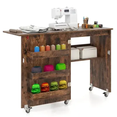 Masă de cusut pliabilă Stație de rulare Bastel cu Slot 3 Container mobil ascuns Masă de cusut 118,5 x 40 x 79,5 cm Brown