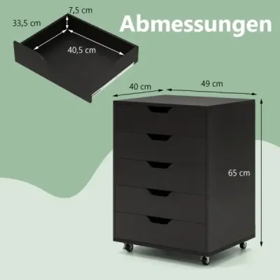Containerul de rulare cu 5 sertare Servieta mobila cu roti 49 x 41 x 66 cm Negru