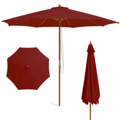 Umbrela mare de lemn de 300 cm cu 8 coaste de bambus 300 x 300 x 262 cm vin roșu