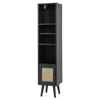 Rattan High Cabinet Bookcase cu 4 rafturi & Rattan Door Commode Boho Stil negru