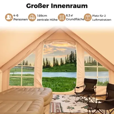Cort gonflabil pentru 4-6 persoane cort mare de camping cu 4 ferestre net 2 usi Bej