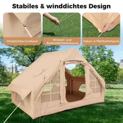 Cort gonflabil pentru 4-6 persoane cort mare de camping cu 4 ferestre net 2 usi Bej