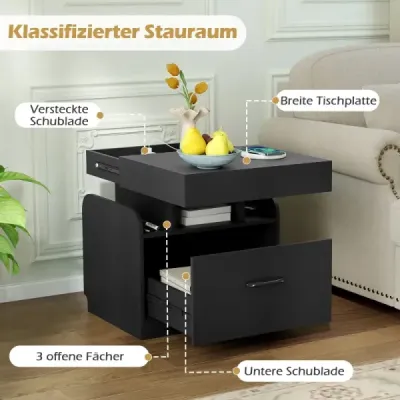 Masa de noapte cu stație de încărcare & sertar & compartimente deschise Masa laterala dulap de noapte negru