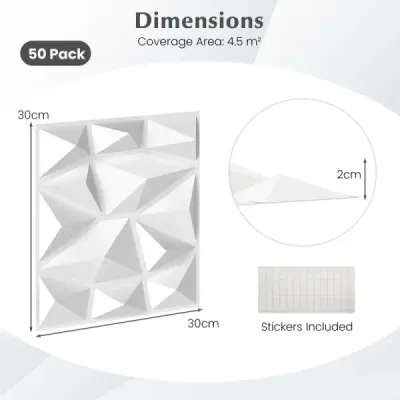50 piese panouri de perete 3D diamant 30 x 30 cm perete placat decorare perete alb 4,5m2