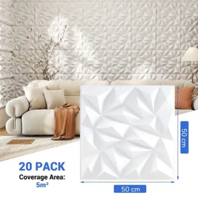 20 piese panouri de perete 3D diamant 50 x 50 cm perete placat decorare alb 5m2