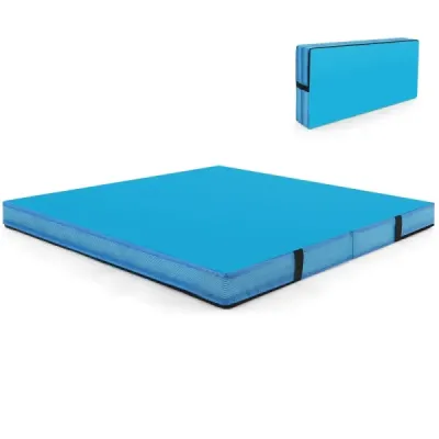 Foldable gimnastică mat 122 x 122 x 10 cm grosime dublu pliabil gimnastică tambur cu acoperire din piele artificială albastru