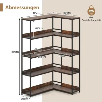 Librărie în formă de 5 etape Colț Bookcase Industrial Open Warehouse Rustikal Brown