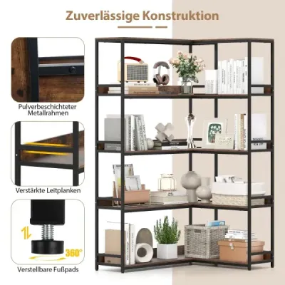 Librărie în formă de 5 etape Colț Bookcase Industrial Open Warehouse Rustikal Brown
