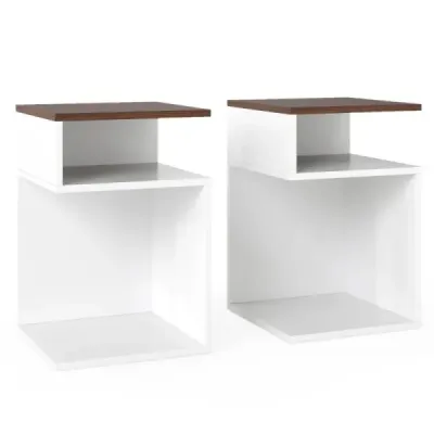 2 Set tabel lateral în formă de S cu 2 compartimente deschise Masa de pat Alb + Walnut