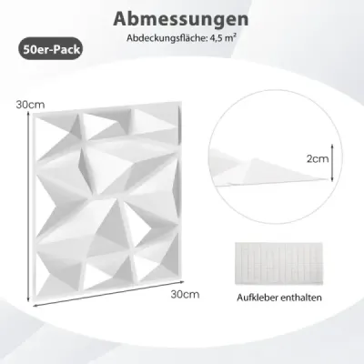 50 piese panouri de perete 3D diamant 30 x 30 cm perete placat decorare perete alb 4,5m2