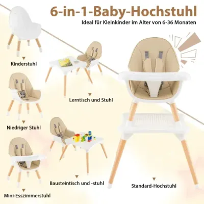 Scaun înalt pentru copii & copii mici 6-in-1 Set scaun de masă convertibil cu bej masă clădire